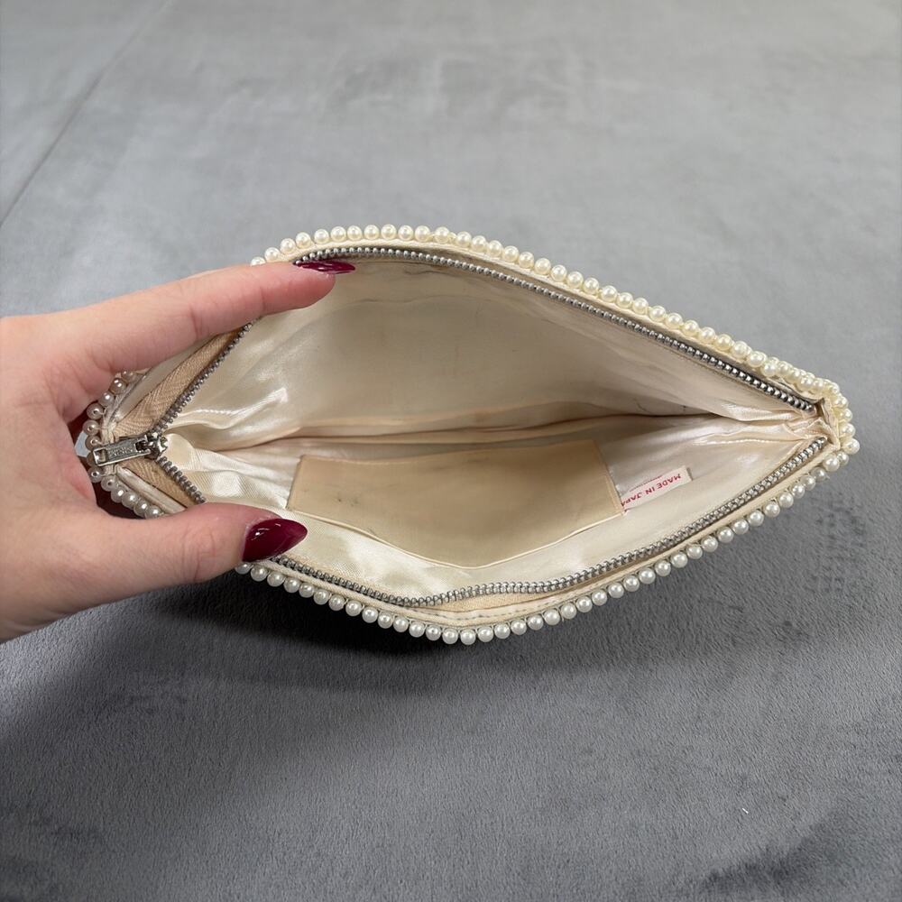 1960's Ivory & Grey Beaded Pearl Clutch Evening Hand Bag Purse Japan Vintage - Picture 7 of 13